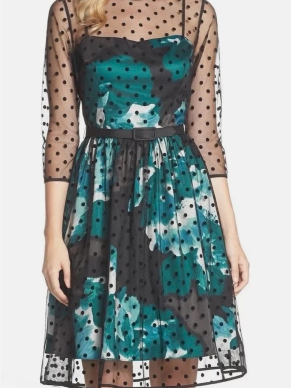 Eliza J Teal and Black Polka Dot Mesh Floral Midi Dress